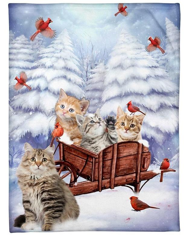 Cat Snow pine cardinal Blanket,Cat lover Blankets, Blanket gifts for daughter, Cat christmas gifts,cat mom gifts,cat dad gifts,christmas cat