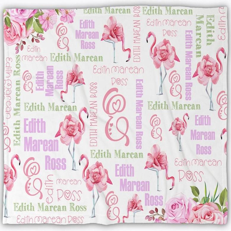 Custom Flamingo Baby Blanket with Name, Personalized Baby Girl Blanket, Pink Flamingo Floral Name Blanket, Baby Girl Name Blanket