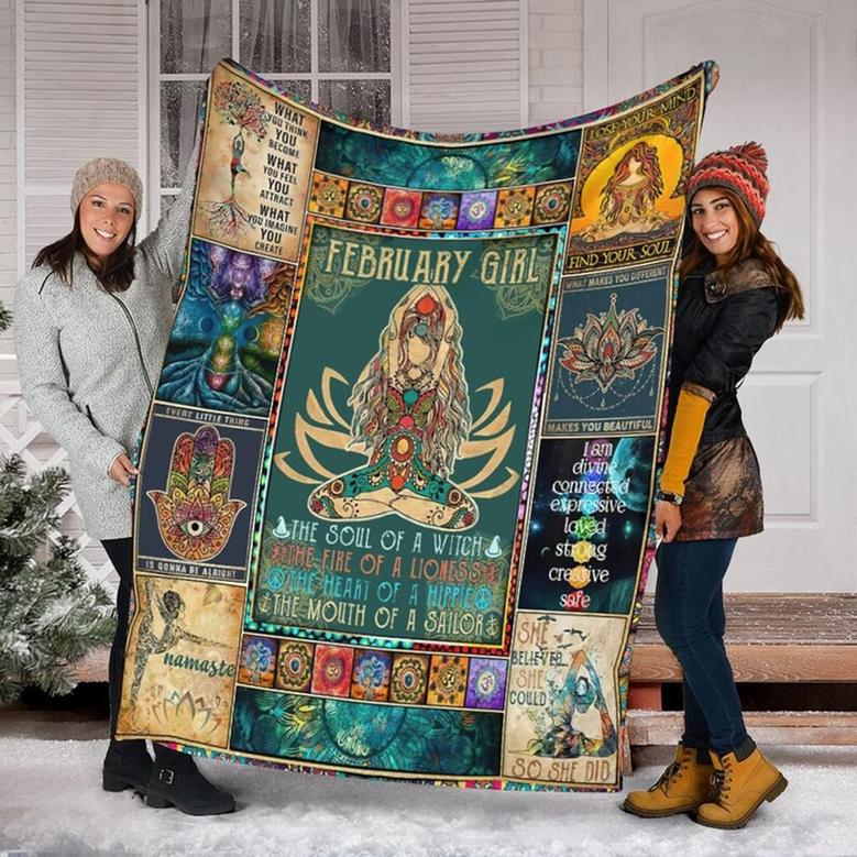 February Girl Namaste Yoga Blanket, Fleece Sherpa Mink Blanket, Special Blanket, Christmas Gift For Family, Gift For Girl