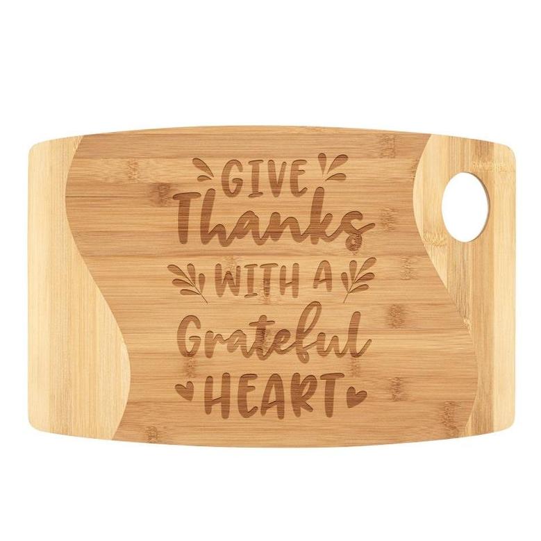 Give Thanks with a Grateful Heart Cutting Board Bamboo Wood Engraved Thanksgiving Dinner Party Decor Fall Kitchen Housewarming Gift Idea
