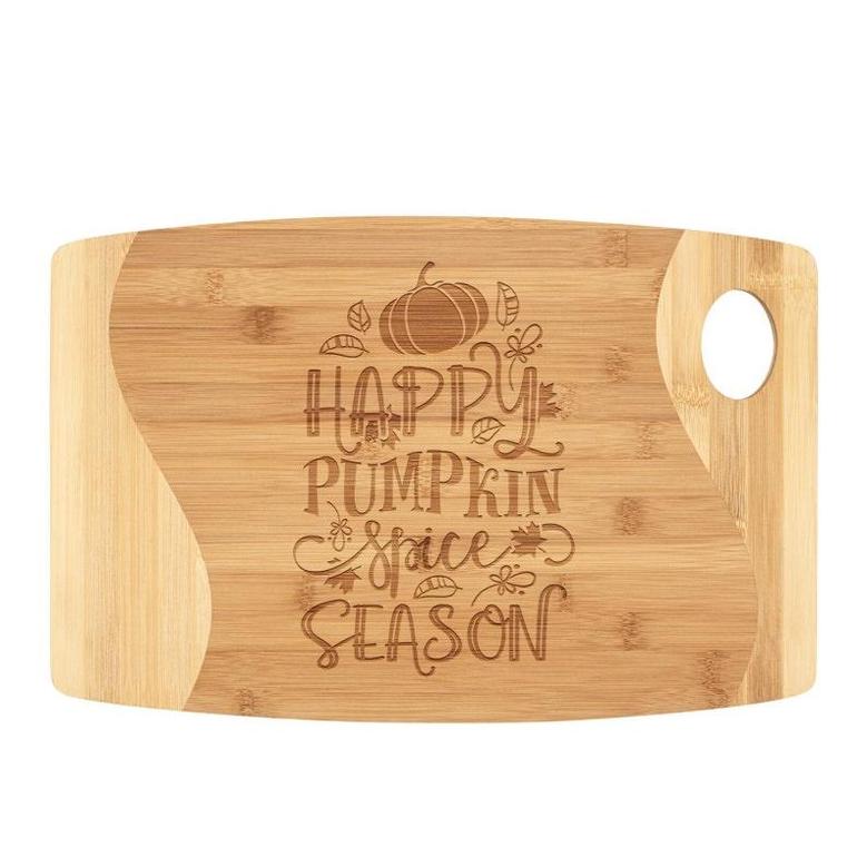 Happy Pumpkin Spice Season Cutting Board Bamboo Wood Engraved Fall Halloween Autumn Kitchen Decor Table Serving Platter Tray Charcuterie