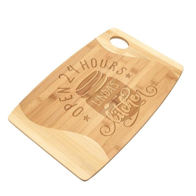 Linda's Kitchen Open 24 Hours Cutting Board Personalized Bamboo Wood Engraved Birthday Christmas Gift for Grandma Women Who Love to Cook