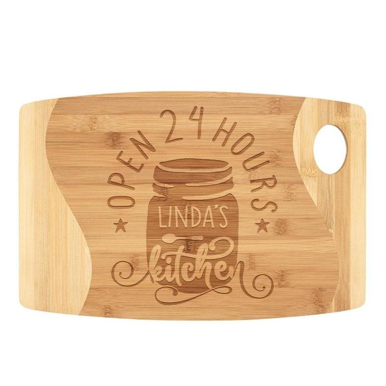 Linda's Kitchen Open 24 Hours Cutting Board Personalized Bamboo Wood Engraved Birthday Christmas Gift for Grandma Women Who Love to Cook
