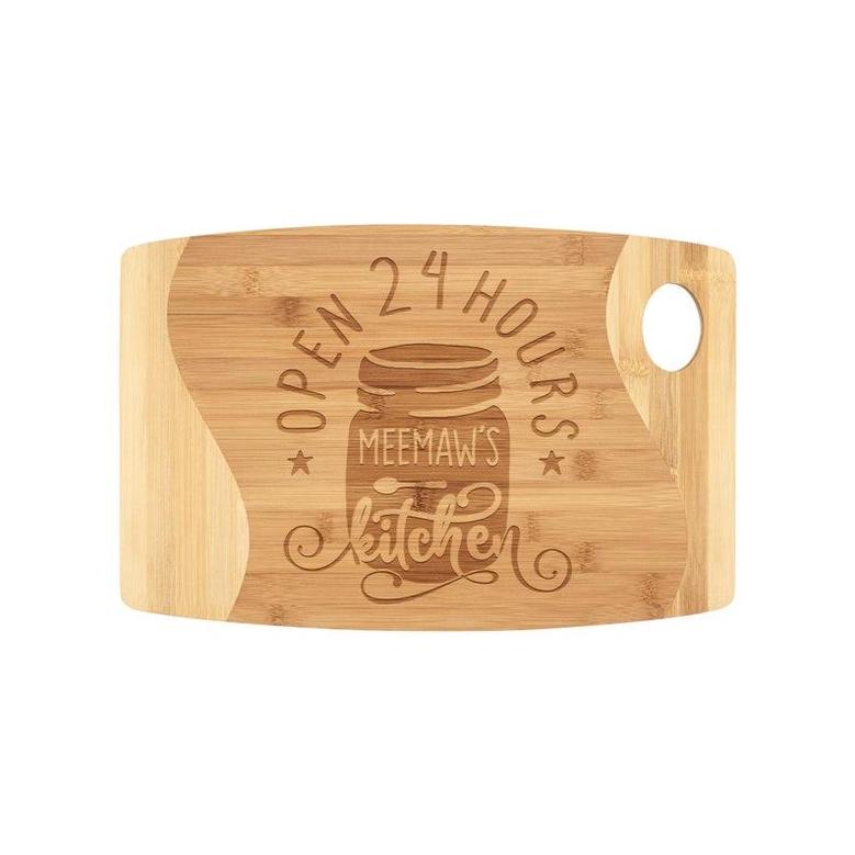 Meemaw's Kitchen Open 24 Hours Cutting Board Personalized Bamboo Wood Engraved Birthday Christmas Gift for Grandma Women Who Love to Cook