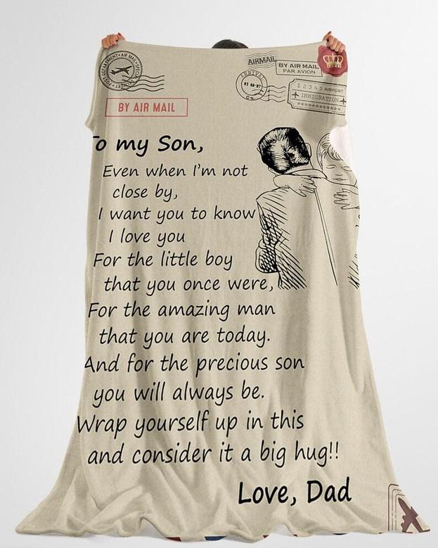 Personalized Air Mail Letter To Son Big Hug From Dad| Fleece Sherpa Woven Blankets| Gifts For Son