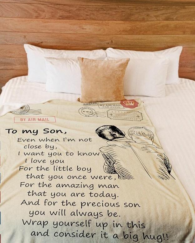 Personalized Air Mail Letter To Son Big Hug From Dad| Fleece Sherpa Woven Blankets| Gifts For Son