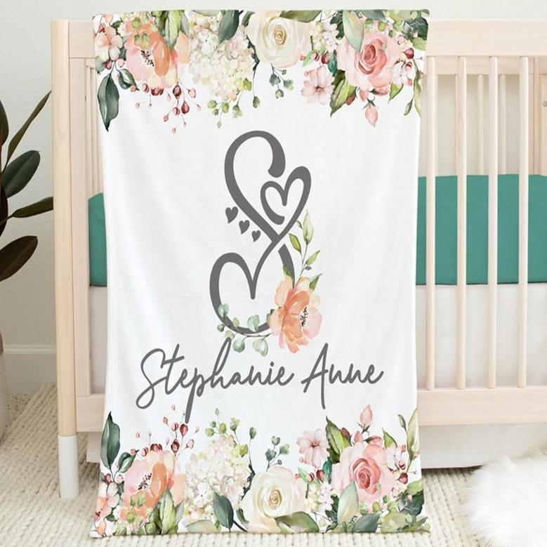 Personalized Baby Name Blanket, Baby Girl Name Blanket, Pink Floral Monogram Blanket, Custom Name Baby Shower Gift, Floral Baby Name Blanket