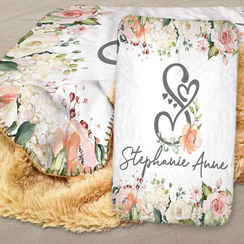 Personalized Baby Name Blanket, Baby Girl Name Blanket, Pink Floral Monogram Blanket, Custom Name Baby Shower Gift, Floral Baby Name Blanket
