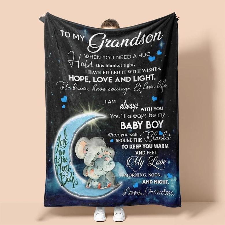 Personalized Blanket For Grandson From Grandma I Love You To The Moon And Back Elephant| Fleece Sherpa Woven Blankets| Gifts For Grandson