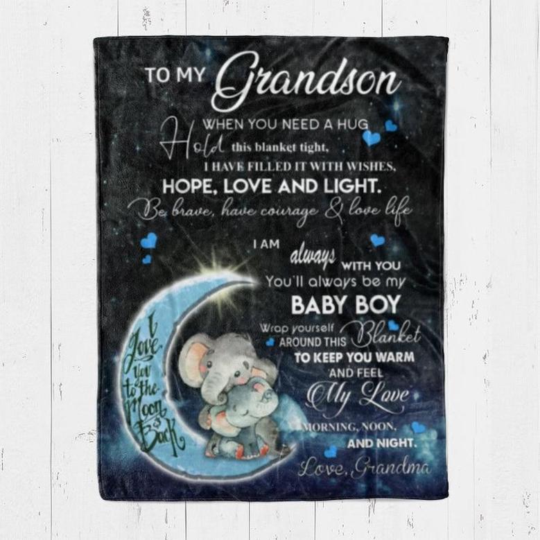 Personalized Blanket For Grandson From Grandma I Love You To The Moon And Back Elephant| Fleece Sherpa Woven Blankets| Gifts For Grandson
