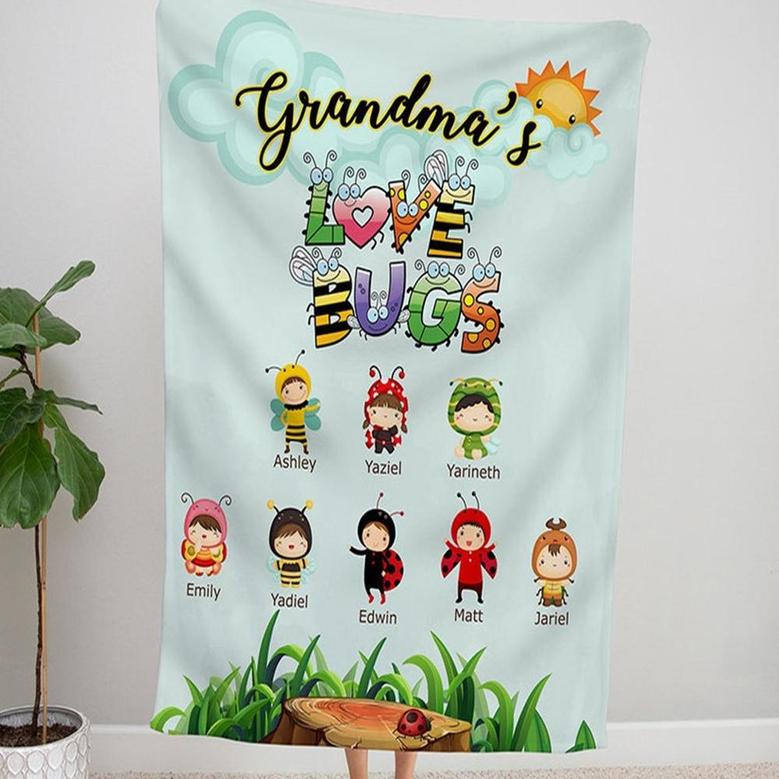 Personalized Grandma Love Bugs Blanket, Grandmother with Grandkids Names Blanket, Nana Blanket, Mothers Day Blanket
