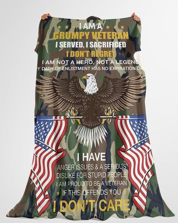 Personalized I'm a Grumpy Veteran| Fleece Sherpa Woven Blankets| Gifts For Veterans