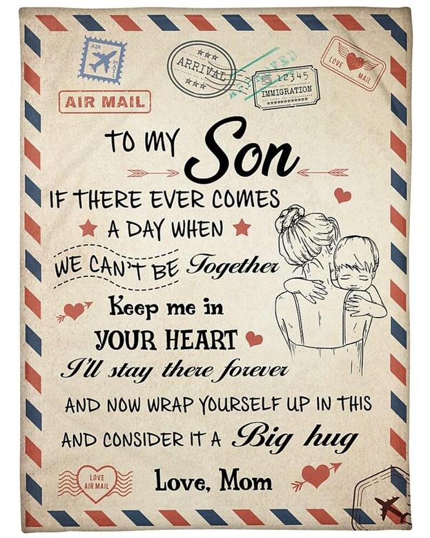 Personalized To My Son Keep Me In Your Heart I'll Stay There Forever From Mom| Fleece Sherpa Woven Blankets| Gifts For Son