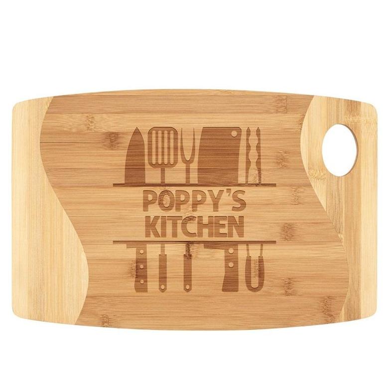 Poppy's Kitchen Cutting Board Bamboo Wood Engraved Birthday Christmas Gift Idea for Grandpa Who Loves to Cook Grill BBQ Men Grandfather