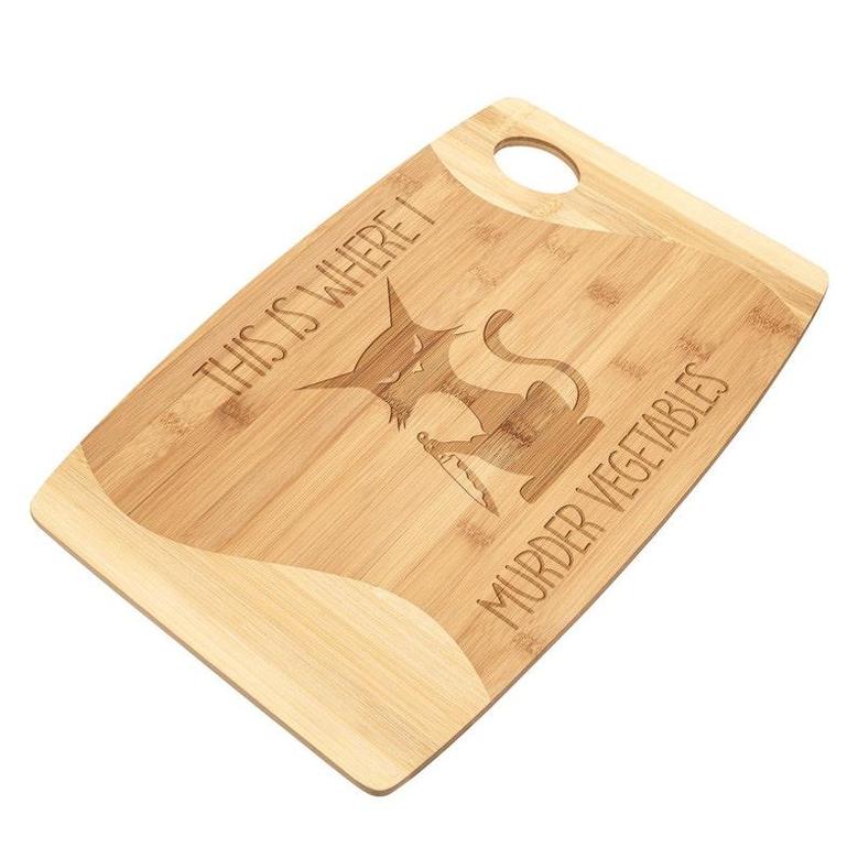 This Is Where I Murder Vegetables Cutting Board Murderous Black Cat Knife Bamboo Wood Engraved Funny Birthday Christmas Halloween Home Decor