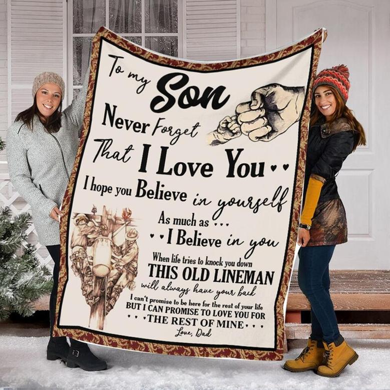 To My Son Love From Dad Blanket, Lineman Dad Fleece Sherpa Mink Blankets, Christmas Gift For Son, For Boy