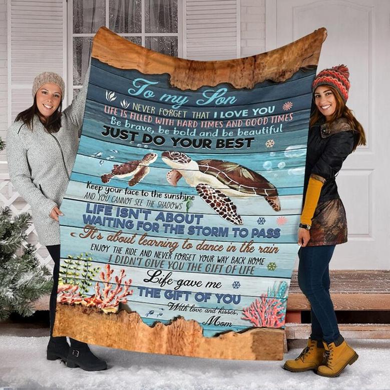 To My Son Turtle Sea Blanket, Fleece Sherpa Mink Blankets, Christmas Gift For Son, For Boy