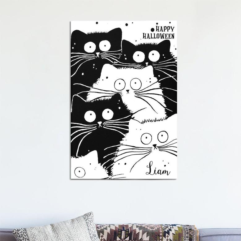 Black White Lovely Cat Photo Halloween Custom Name Halloween Canvas | Cat Canvas | Personalized Halloween Canvas