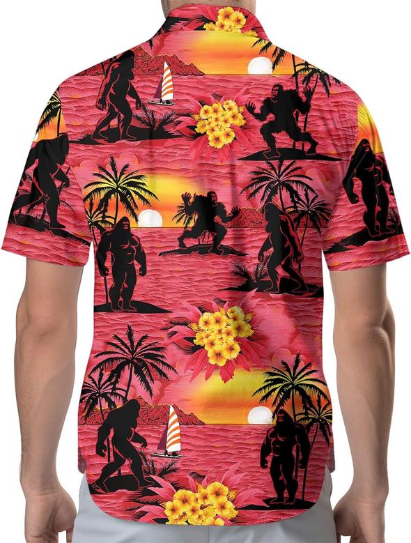 Bigfoot Men's Button Shirt, Sasquatch Unisex Hawaiian Shirt, American Monster Print T-Shirt for Women, Bigfoot Sunset