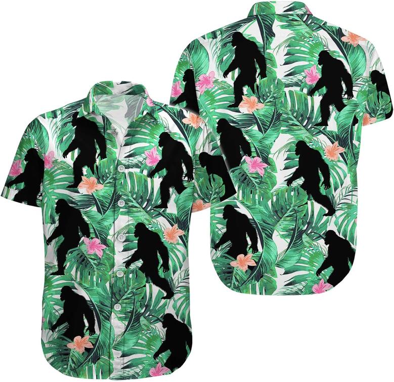 Bigfoot Men's Button Shirt, Sasquatch Unisex Hawaiian Shirt, American Bigfoot Hibiscus