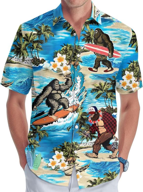 Bigfoot Men's Button Shirt, Sasquatch Unisex Hawaiian Shirt, Bigfoot Surfing