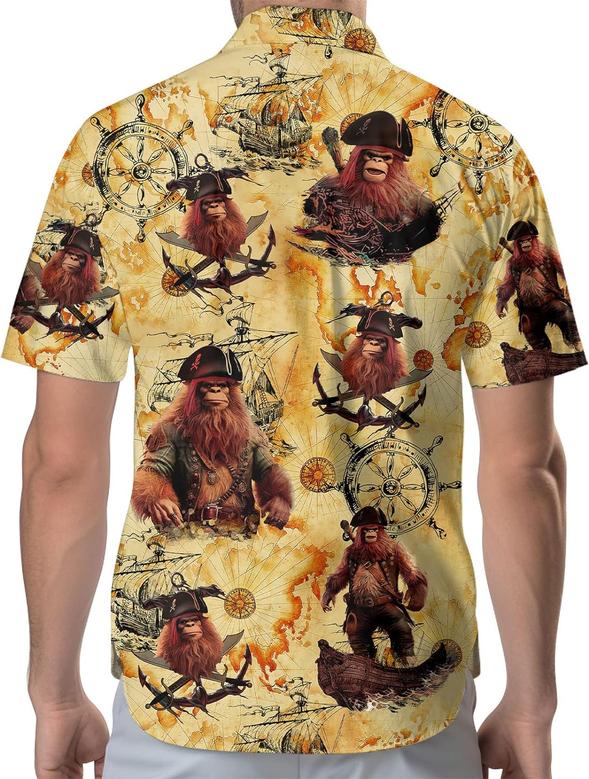 Bigfoot Men's Button Shirt, Sasquatch Unisex Hawaiian Shirt, American Monster Bigfoot Pirate