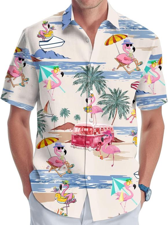Men's Hawaiian Shirt, Short Sleeve Button Shirt for Unisex, Summer Flamingo Beach