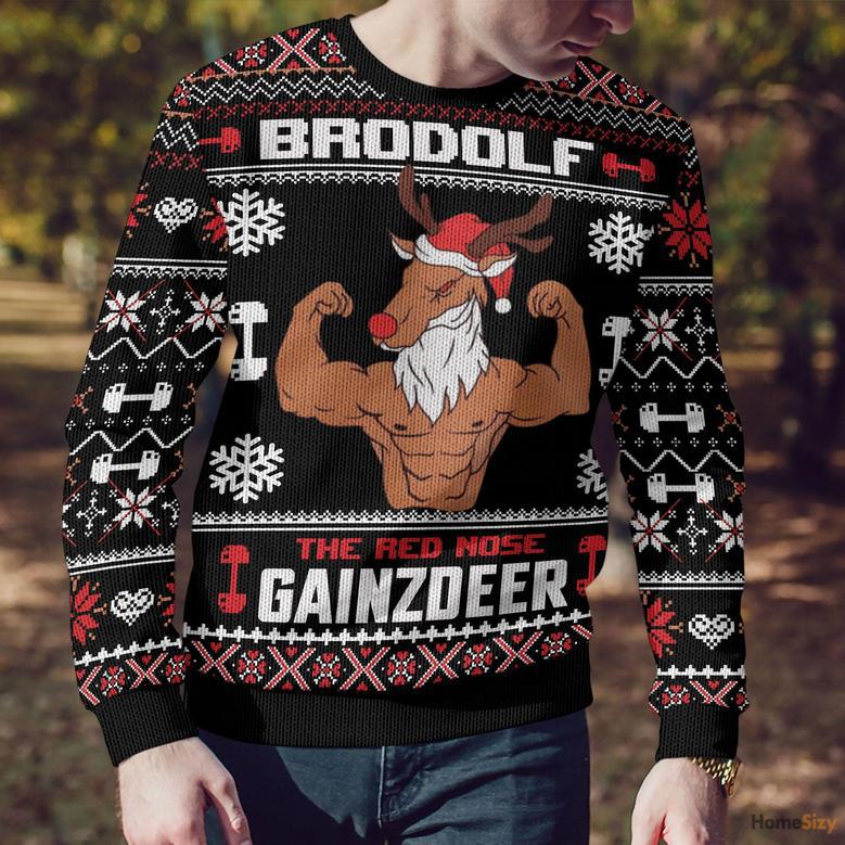 Animal Brodolf The Red Nose Gainzdeer Gym Ugly Christmas Sweater