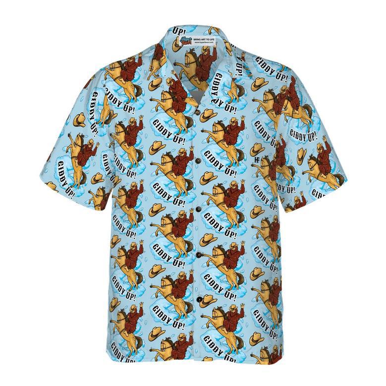 Bigfoot Hawaiian Shirt - Bigfoot Cowboy Giddy Up Hawaiian Shirt, Sky Blue Vintage Rodeo Horse Riding Hawaiian Shirt - Perfect Gift For Husband, Boyfriend, Friend, Family