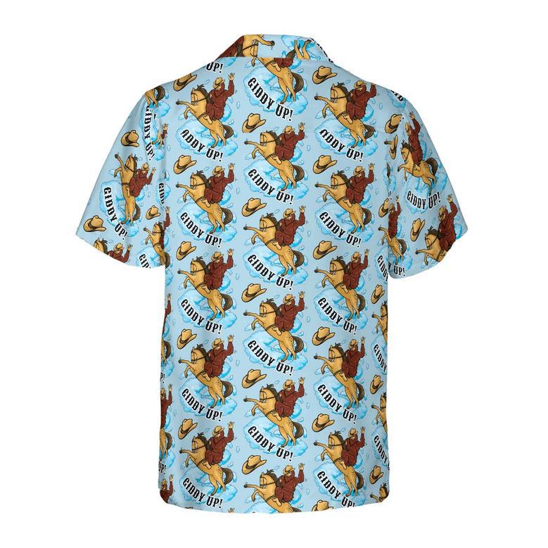 Bigfoot Hawaiian Shirt - Bigfoot Cowboy Giddy Up Hawaiian Shirt, Sky Blue Vintage Rodeo Horse Riding Hawaiian Shirt - Perfect Gift For Husband, Boyfriend, Friend, Family