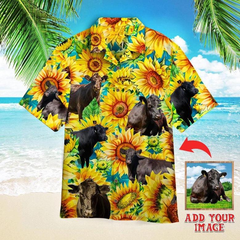 Black Angus Cattle Lovers Sunflower Watercolor Custom Aloha Shirt, Personalized Hawaiian Shirt, Custom Photo Hawaiian Shirt - Gift For Family, Friends