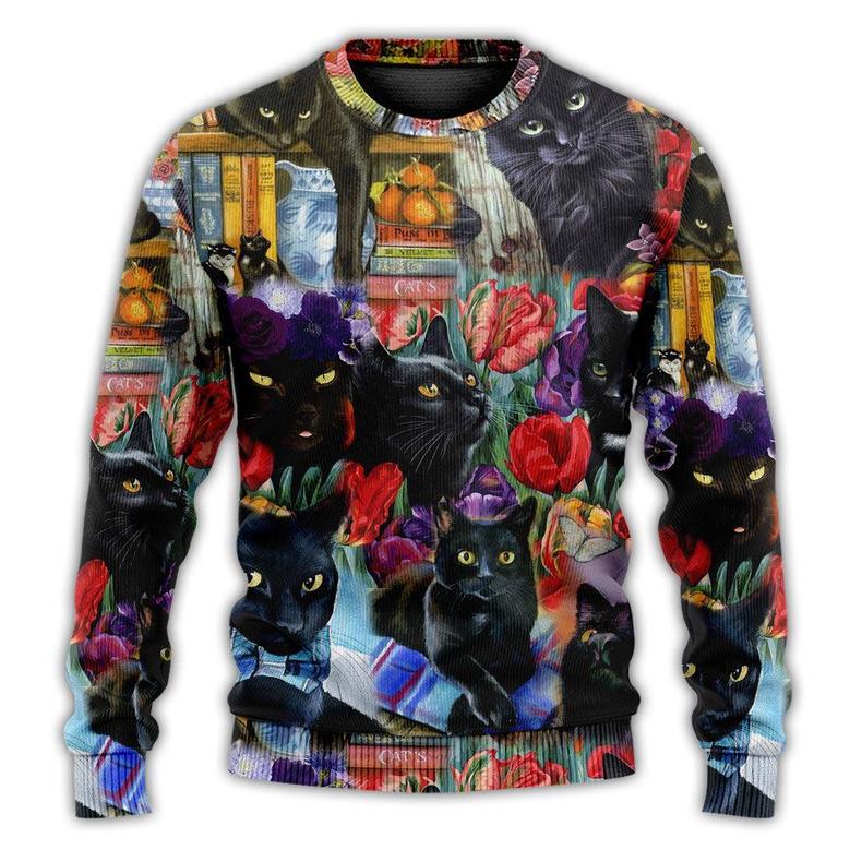 Black Cat Art With Flowers Ugly Christmas Sweaters