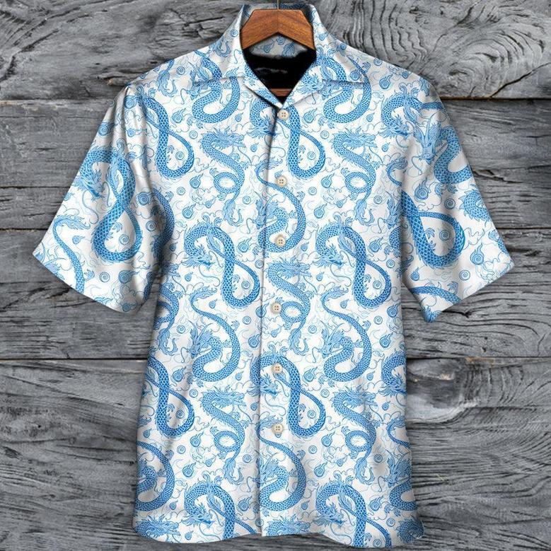 Blue Dragon And White Hawaiian Shirt For Summer, Dragon Colorful Hawaiian Shirts Outfit For Men Women, Dragon Lovers