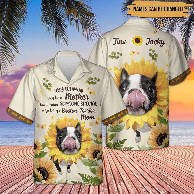 Boston Terrier Hawaiian Shirt Custom Name, Sunflower Personalized Aloha Hawaiian Shirt - Perfect Gift For Dog Lovers, Dog Mom, Mother's Day