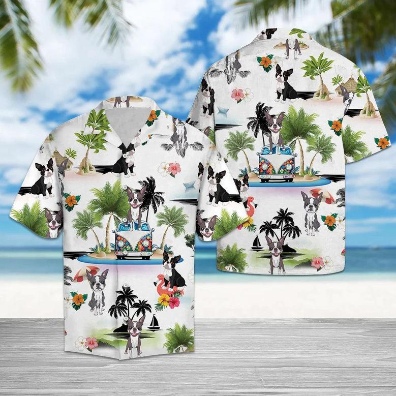 Boston Terrier Hawaiian Shirt, Dog Hippie Palm Vacation Aloha Shirt For Men And Women - Perfect Gift For Dog Lovers, Husband, Boyfriend, Friend, Wife