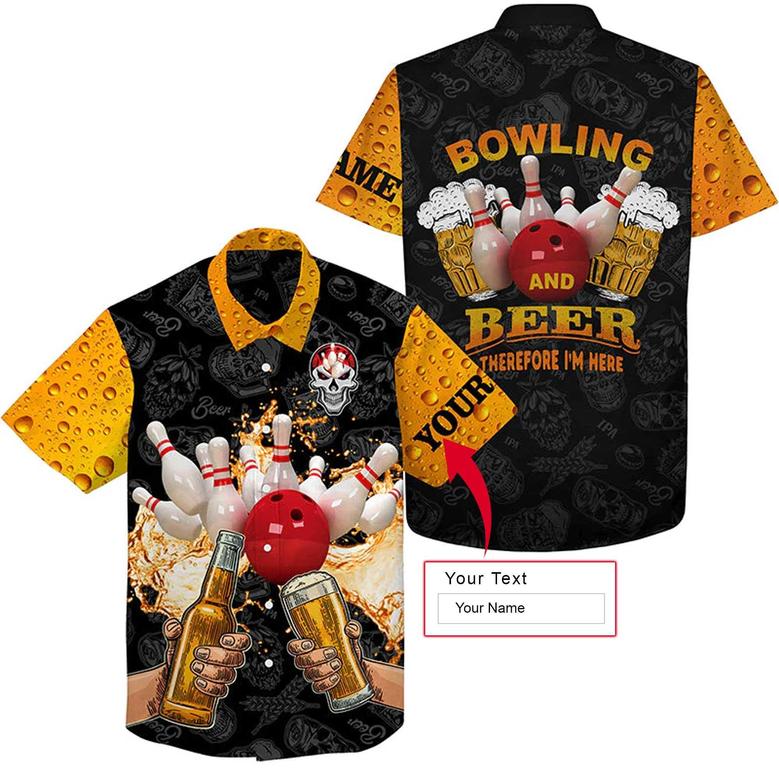 Bowling Beer Hawaiian Shirt Custom Name, Funny Skull Bowling Personalized Hawaiian Shirts For Men Women, Bowling Lovers, Team, Therefore I'm Here