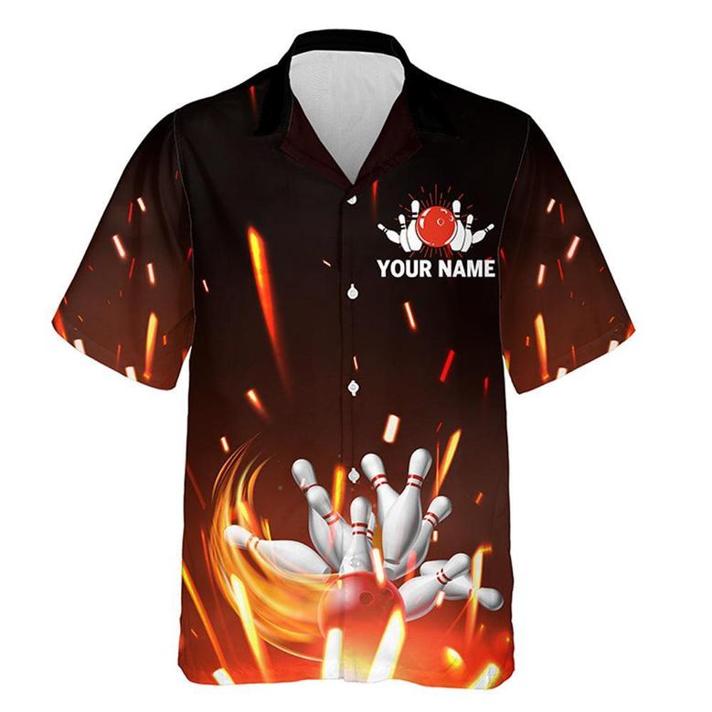 Bowling Custom Name And Team Name Hawaiian Shirt, Flame Bowling Ball and Pins Personalized Hawaiian Shirts For Men Women, Bowling Lovers, Bowlers