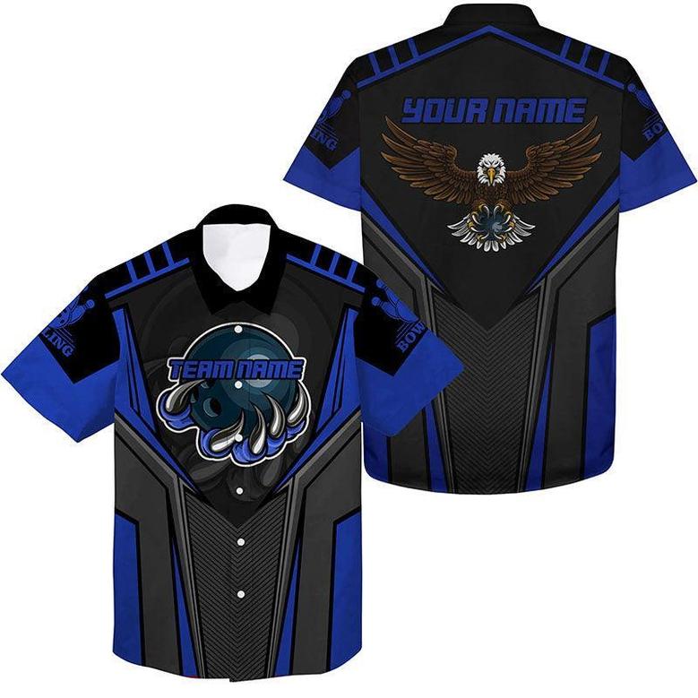 Bowling Eagle Custom Name And Team Name Hawaiian Shirt, Blue Black Bowling Personalized Hawaiian Shirts For Men Women, Team, Bowling Lovers, Bowlers