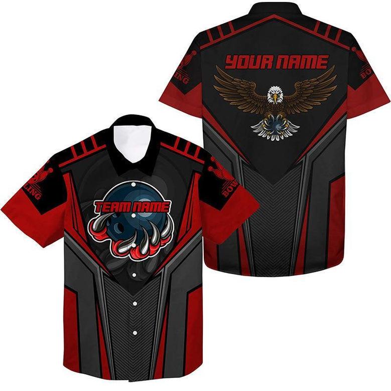 Bowling Eagle Custom Name And Team Name Hawaiian Shirt, Red Black Bowling Personalized Hawaiian Shirts For Men Women, Team, Bowling Lovers, Bowlers