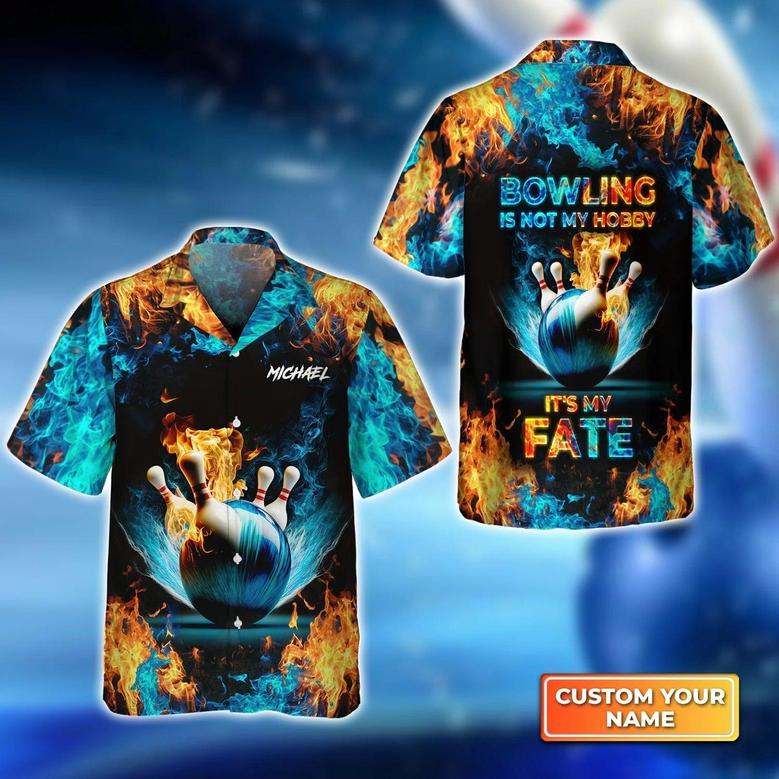 Bowling Hawaiian Shirt Custom Name - Blue Bowling Ball And Pins On Fire Bowling Personalized Aloha Hawaiian Shirt - Gift For Friend, Family, Bowling Lovers