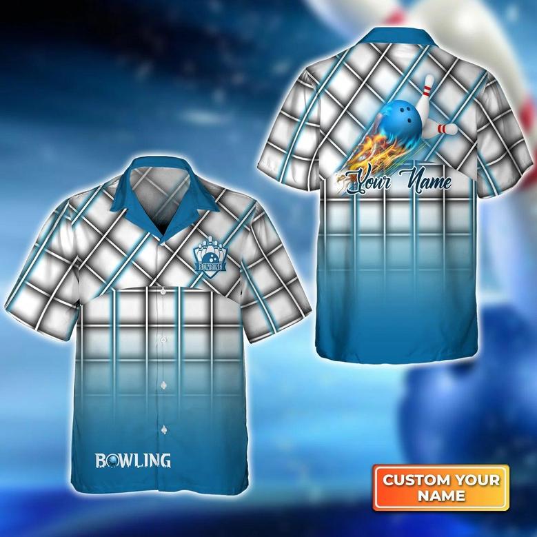 Bowling Hawaiian Shirt Custom Name - Blue Bowling Ball On Fire Gingham Plaid Pattern Personalized Aloha Hawaiian Shirt - Gift For Friend, Family, Bowling Lovers