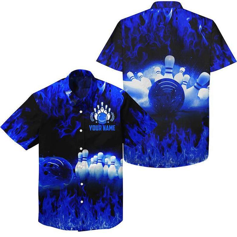 Bowling Hawaiian Shirt Custom Name, Blue Flame Bowling Ball And Pins Personalized Shirt For Men Women, Bowling Lovers, Bowlers