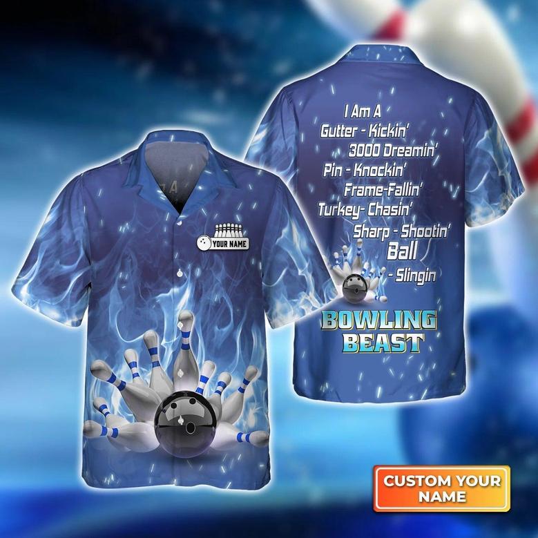 Bowling Hawaiian Shirt Custom Name - Bowling On Blue Fire Bowling Beast Personalized Aloha Hawaiian Shirt - Gift For Friend, Family, Bowling Lovers