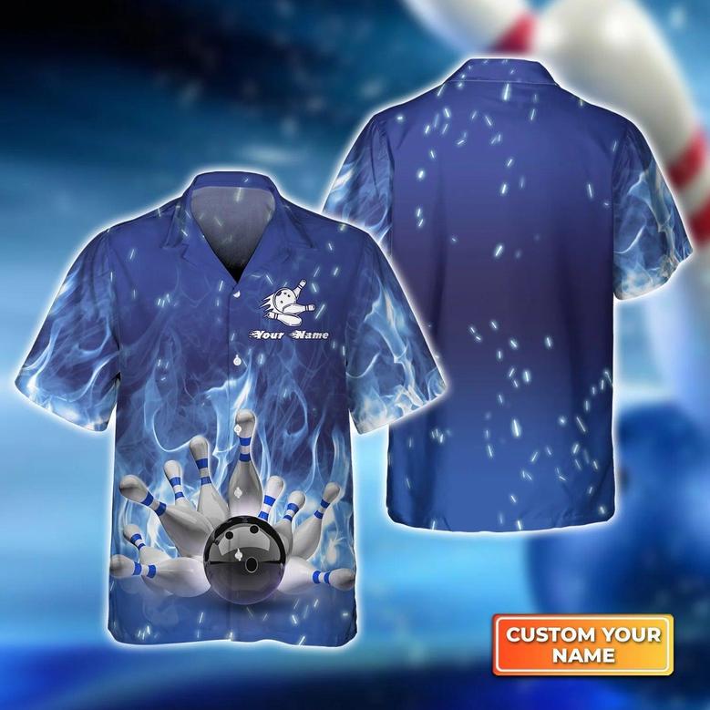Bowling Hawaiian Shirt Custom Name - Bowling On Blue Fire Personalized Aloha Hawaiian Shirt - Gift For Friend, Family, Bowling Lovers