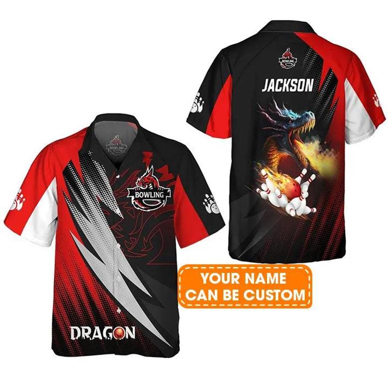 Bowling Hawaiian Shirt Custom Name - Dragon Team Red Bowling Ball On Fire Personalized Aloha Hawaiian Shirt - Gift For Friend, Family, Bowling Lovers