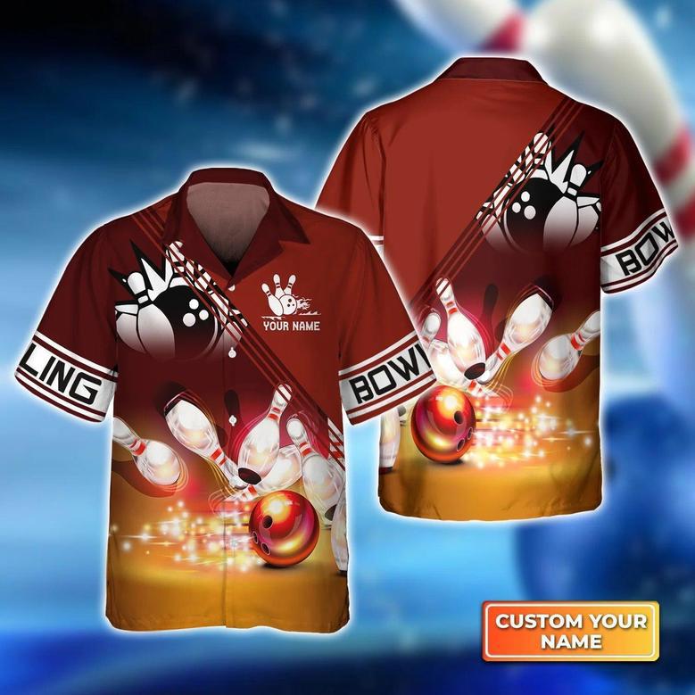 Bowling Hawaiian Shirt Custom Name - Red Bowling Ball Crashing into the Pins Personalized Aloha Hawaiian Shirt - Gift For Friend, Family, Bowling Lovers