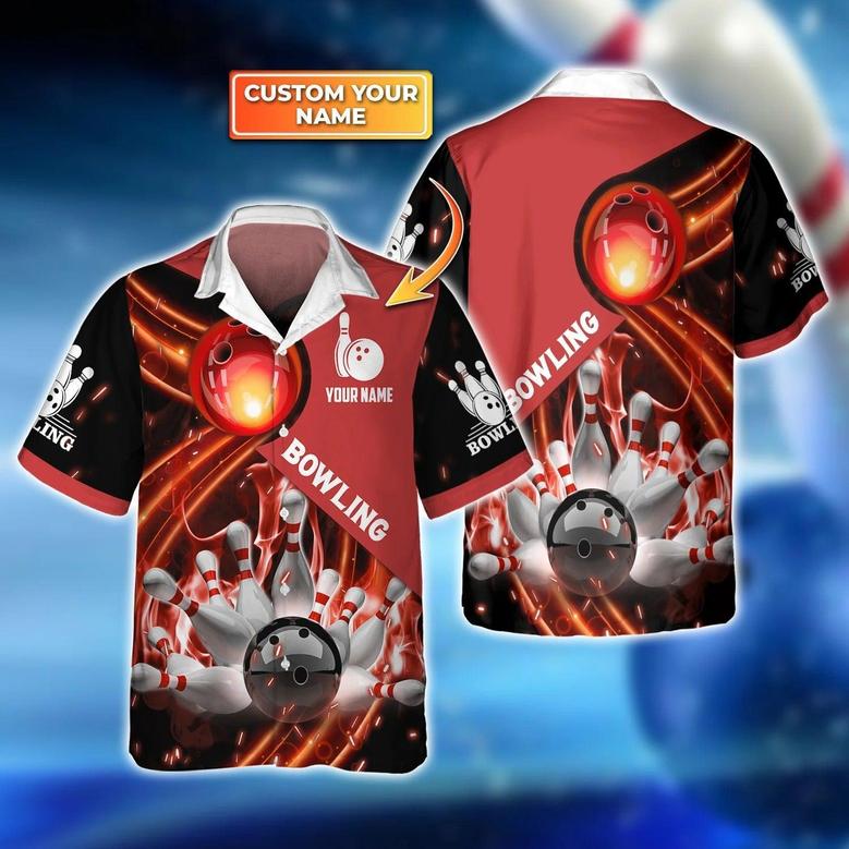 Bowling Hawaiian Shirt Custom Name - Red Bowling Ball In Fire Personalized Aloha Hawaiian Shirt - Gift For Friend, Family, Bowling Lovers