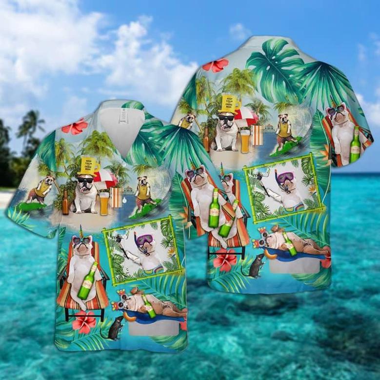 Bulldog Hawaiian Shirt, Bulldog Surfing, Tropical Summer Aloha Shirt For Men - Perfect Gift For Bulldog Lovers, Husband, Boyfriend, Friend, Family