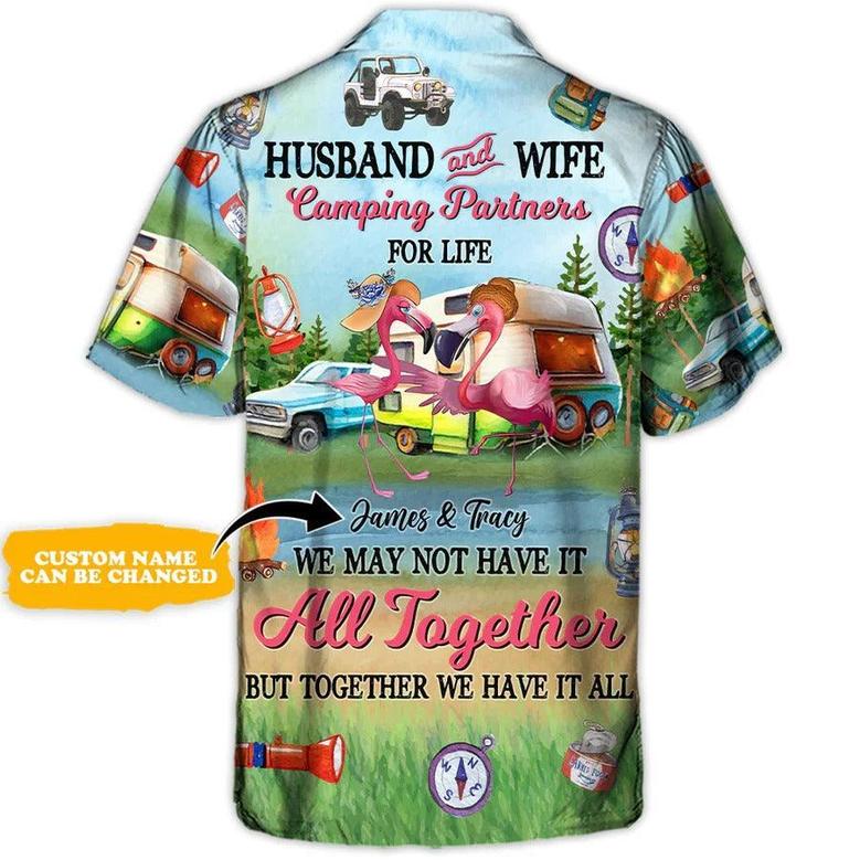 Camping Personalized Hawaiian Shirt, Camping Flamingo Custom Name Hawaiian Shirt, Flamingo Husband And Wife Aloha Shirt - Perfect Gift For Men, Women