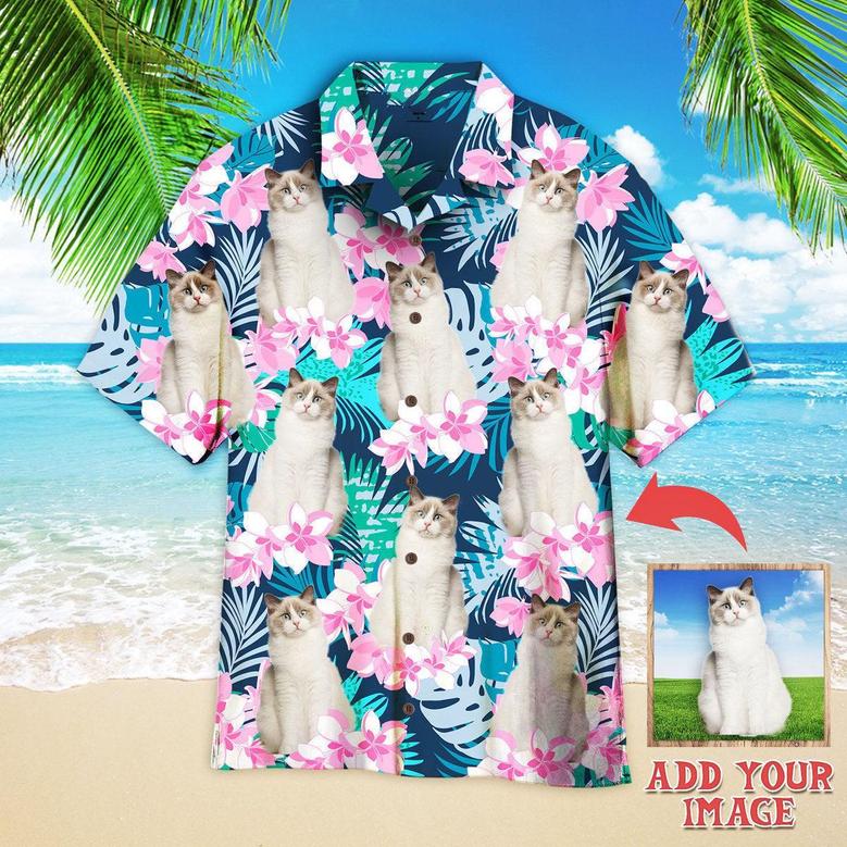 Cat And Beautiful Flower Tropical Custom Photo Hawaiian Shirt, Personalized Hawaiian Shirts - Gift For Cat Lovers, Family, Friends